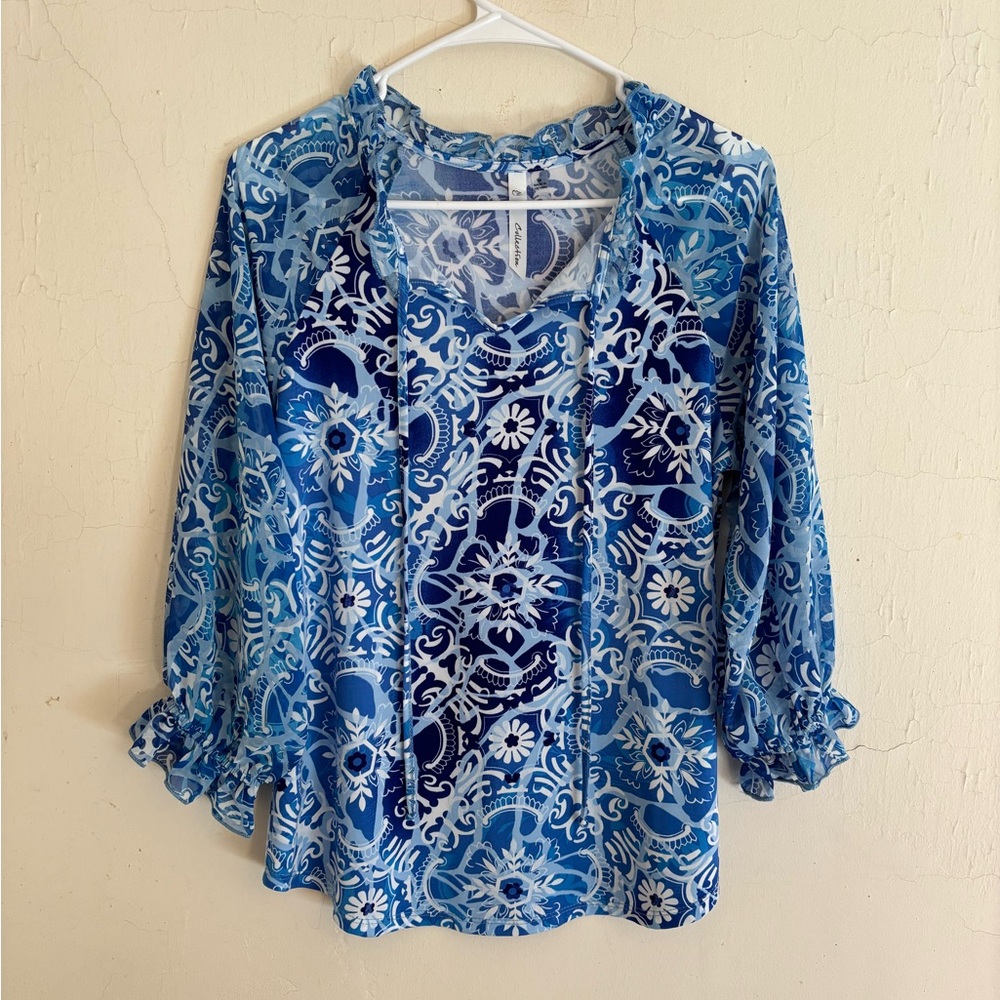 NY Collection Blue Floral Women's Top Size M